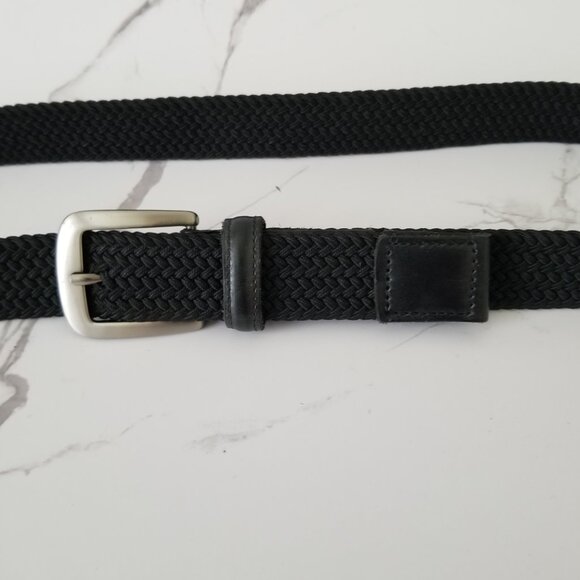 Black Woven Fabric Belt with Brushed Nickel Buckle & Faux Leather Tabs - 34/36 - Picture 7 of 10